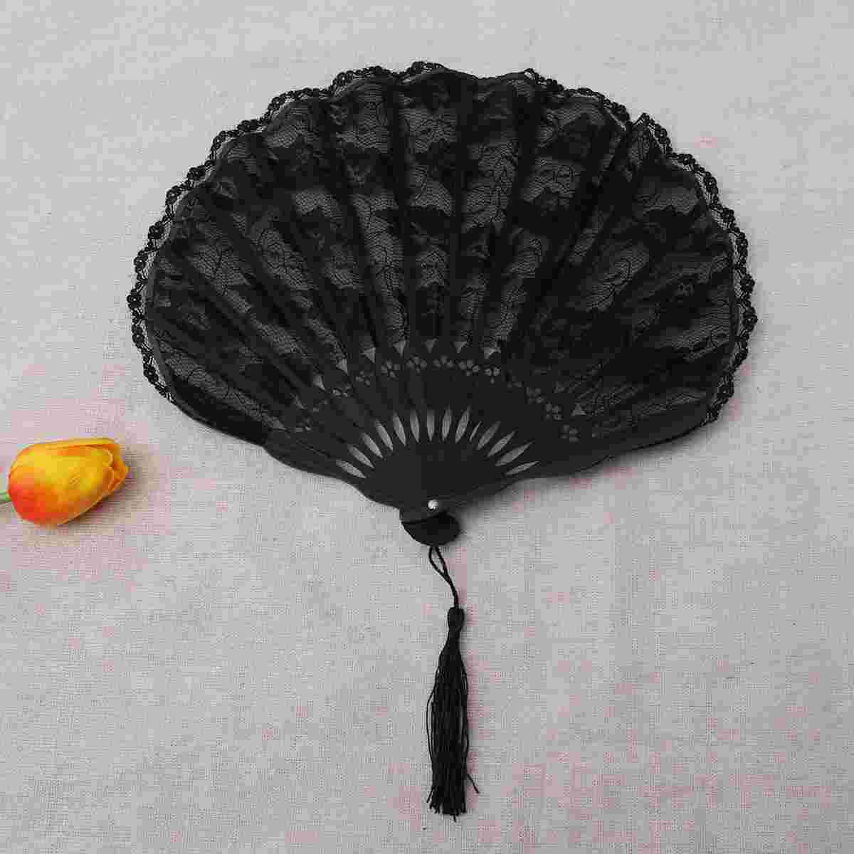 

Vintage Silk Fan Hand Fans Women Silk Fan Tassel Handmade Cotton Lace Folding Hand Fan Bride Round Fan Black Fan