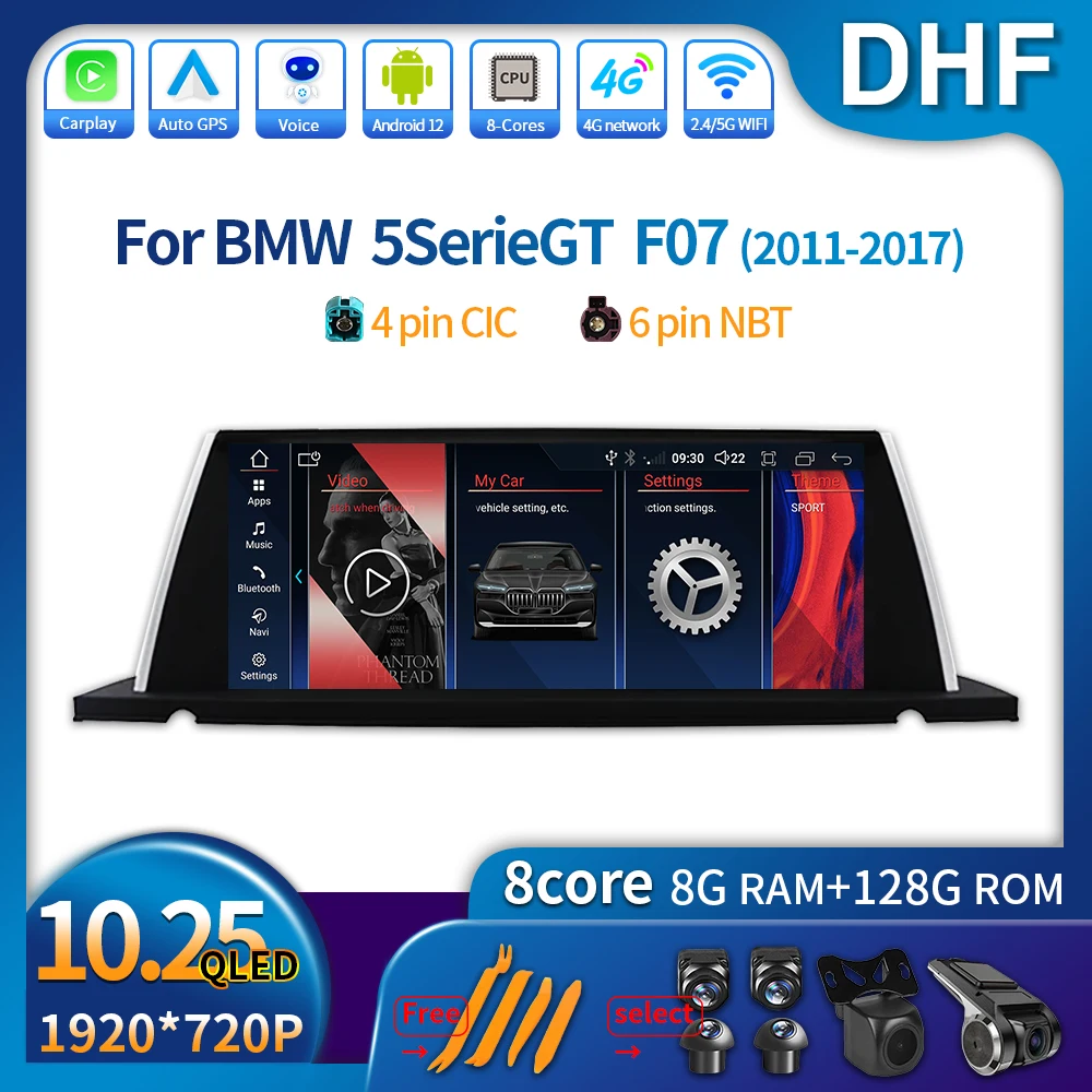 

10.25" Wireless Carplay Auto Android 12 Multimedia Display Screen For BMW 5 Series GT F7 2011 - 2017 CIC NBT WIFI USB Car Radio