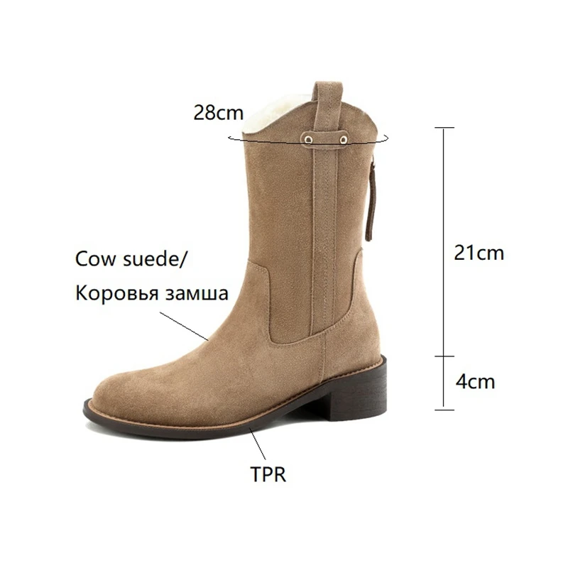 NEW Winter Boots Women Round Toe Chunky Heel Short Boots for Women Cow Suede Boots Wool Warm Snow Boots Autumn Shoes for Women