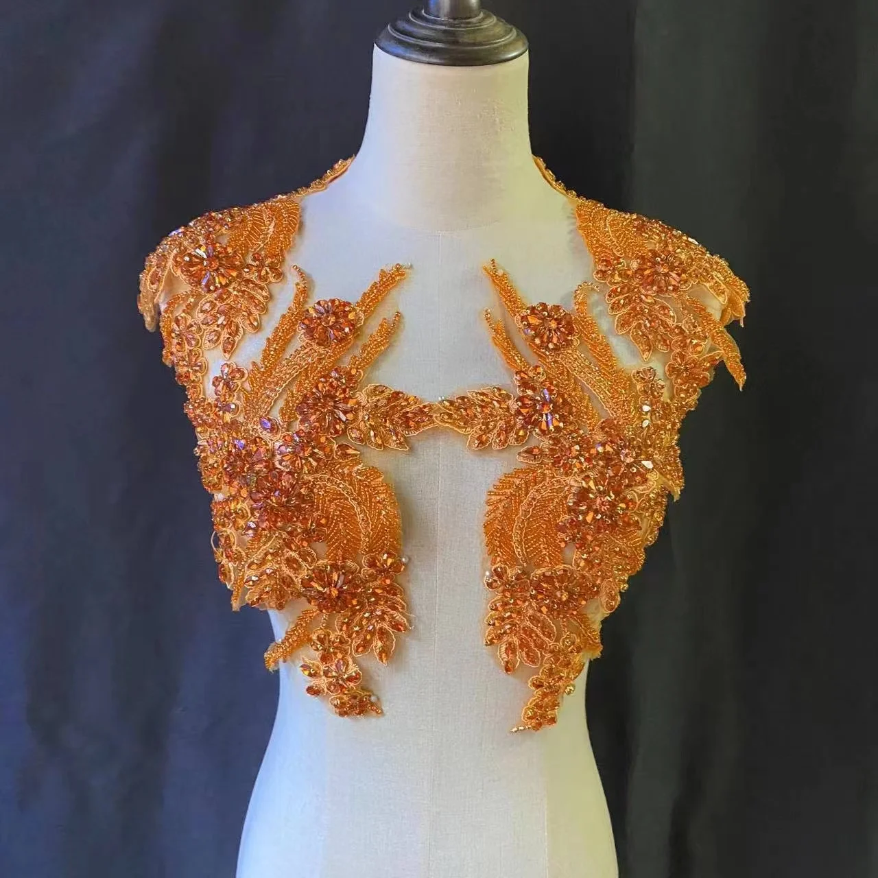 

3D Handcrafted Orange French Bead Applique Rhinestone Crystal Vintage Flower Patch for Wedding Bodice Dress,Gall Bown