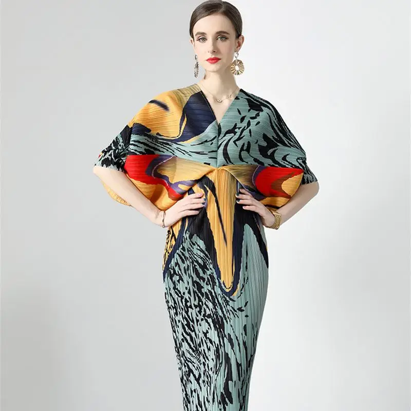 

Модное женское Плиссированное длинное платье miяка, дизайнерское Повседневное платье с V-образным вырезом и принтом, элегантное женское платье для ужина, одежда Q094