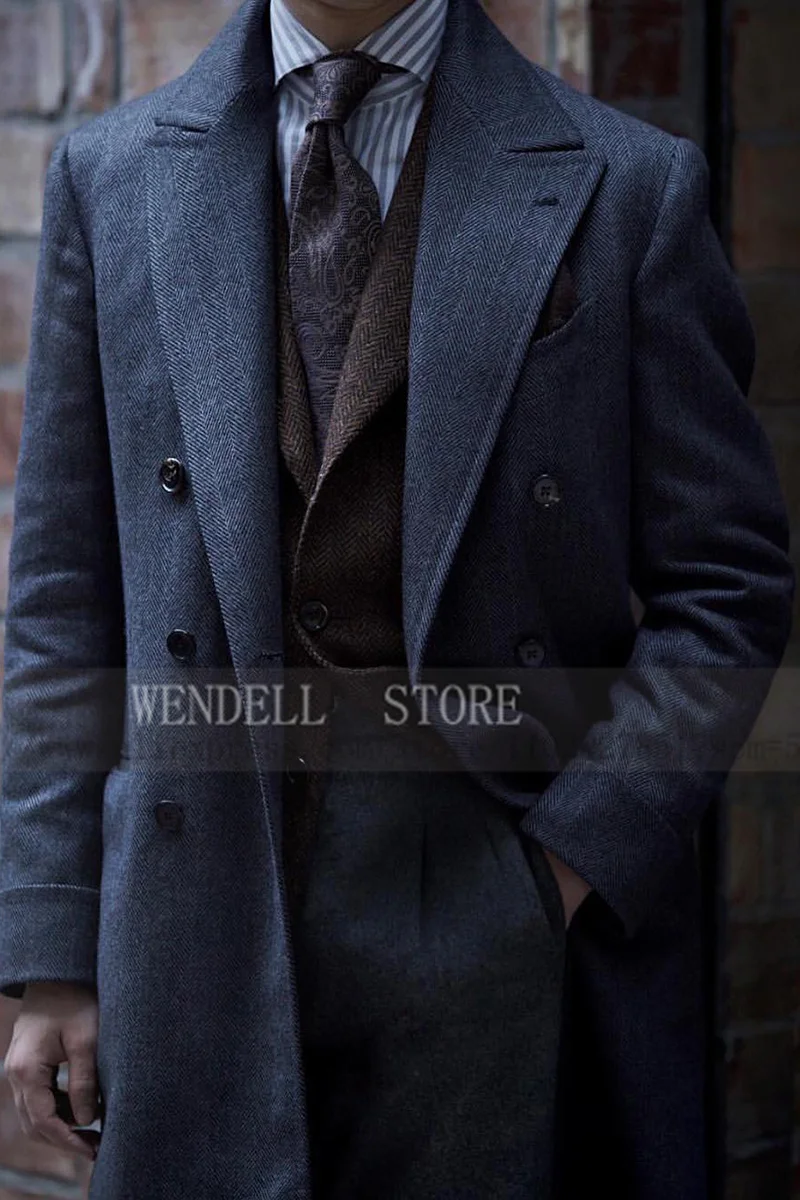 Fall Men's Long Herringbone Tweed Double Breasted Casual Vintage Jacket jackets for men