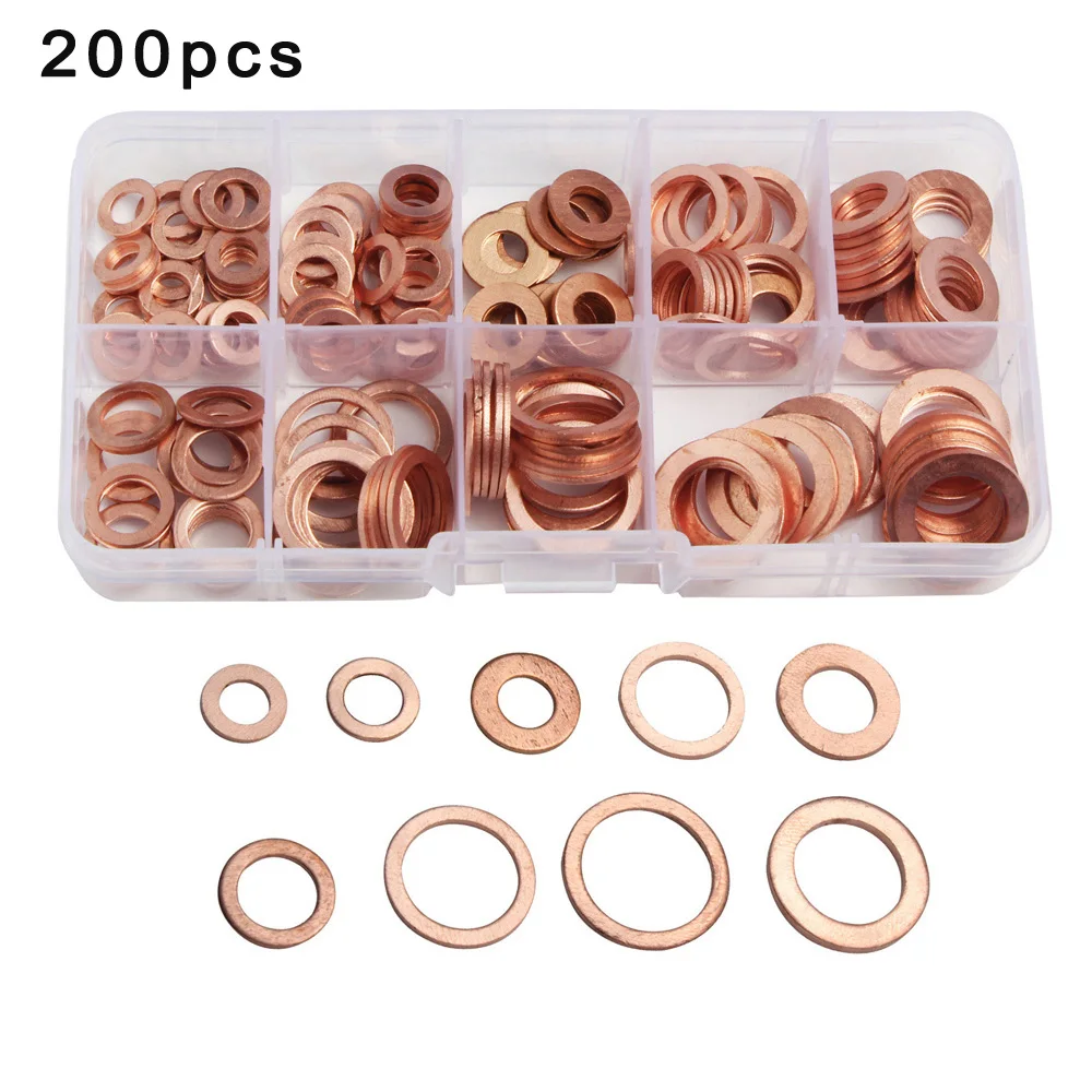 

200pcs/set Oil Drain Plug Washer Copper Seal Ring Gasket Assortment Set M5-M14 Good Electrical And Thermal Conductivity