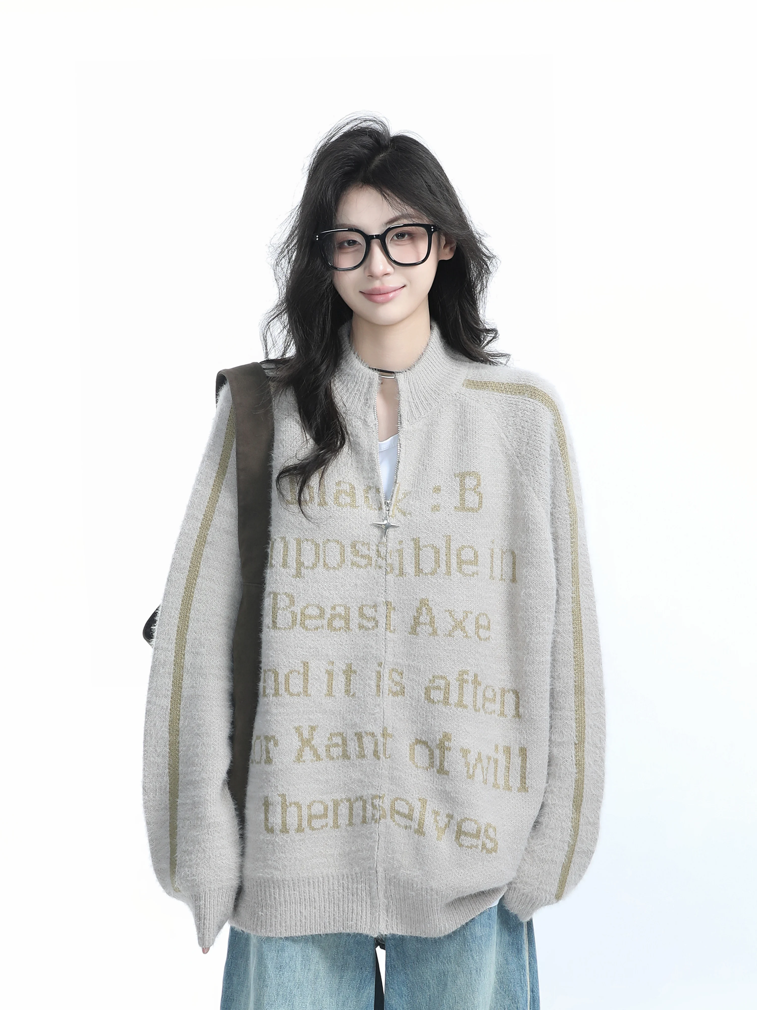 [Sitting in the Mountains] American High Street Fashion Brand Zip-up Cardigan sweater Outerwear Women Autumn and Winter Lazy ...