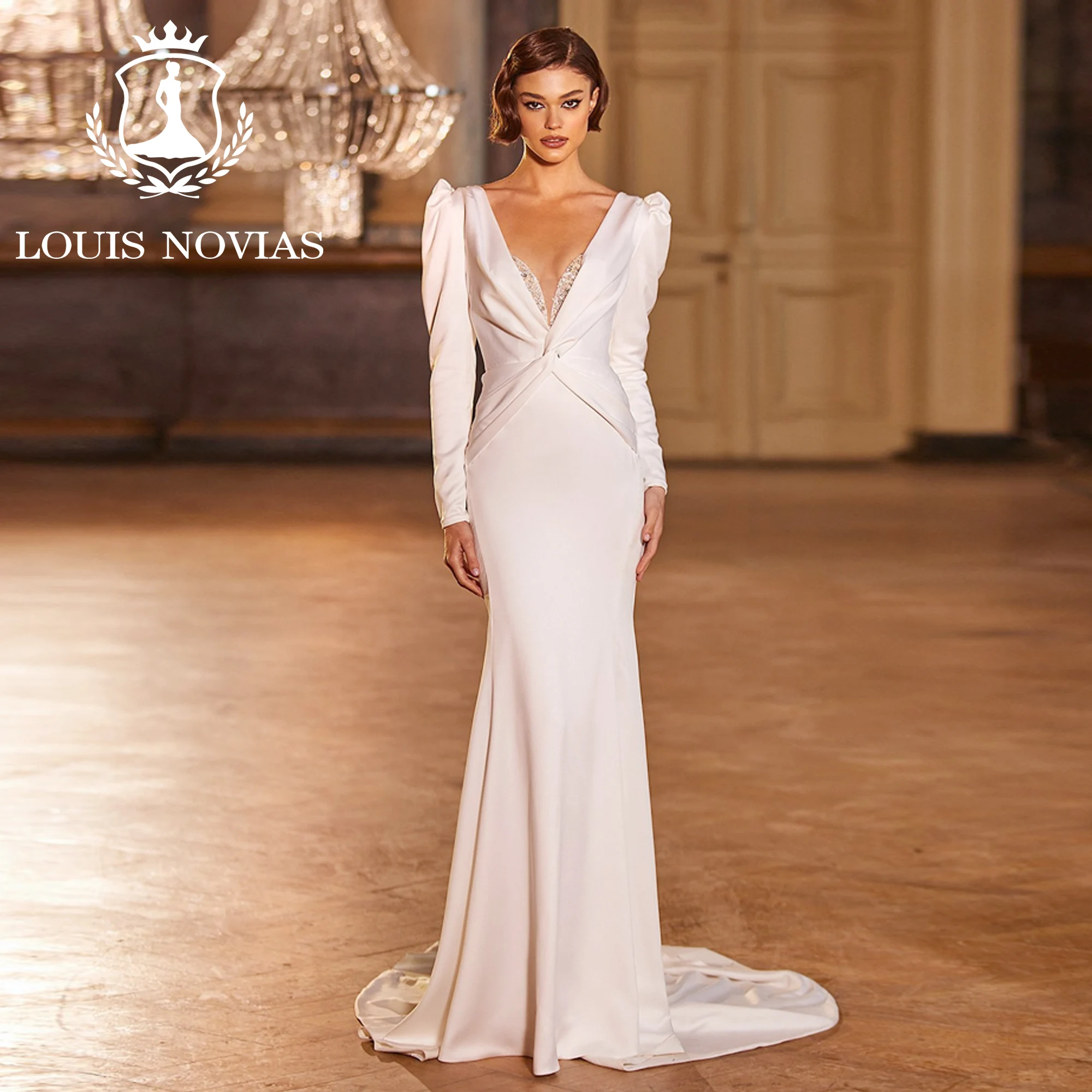

LOUIS NOVIAS Luxury Mermaid Long Sleeve Wedding Dress 2023 Halter Invisible Neckline Beading Slim Wedding Gown Vestidos De Novia