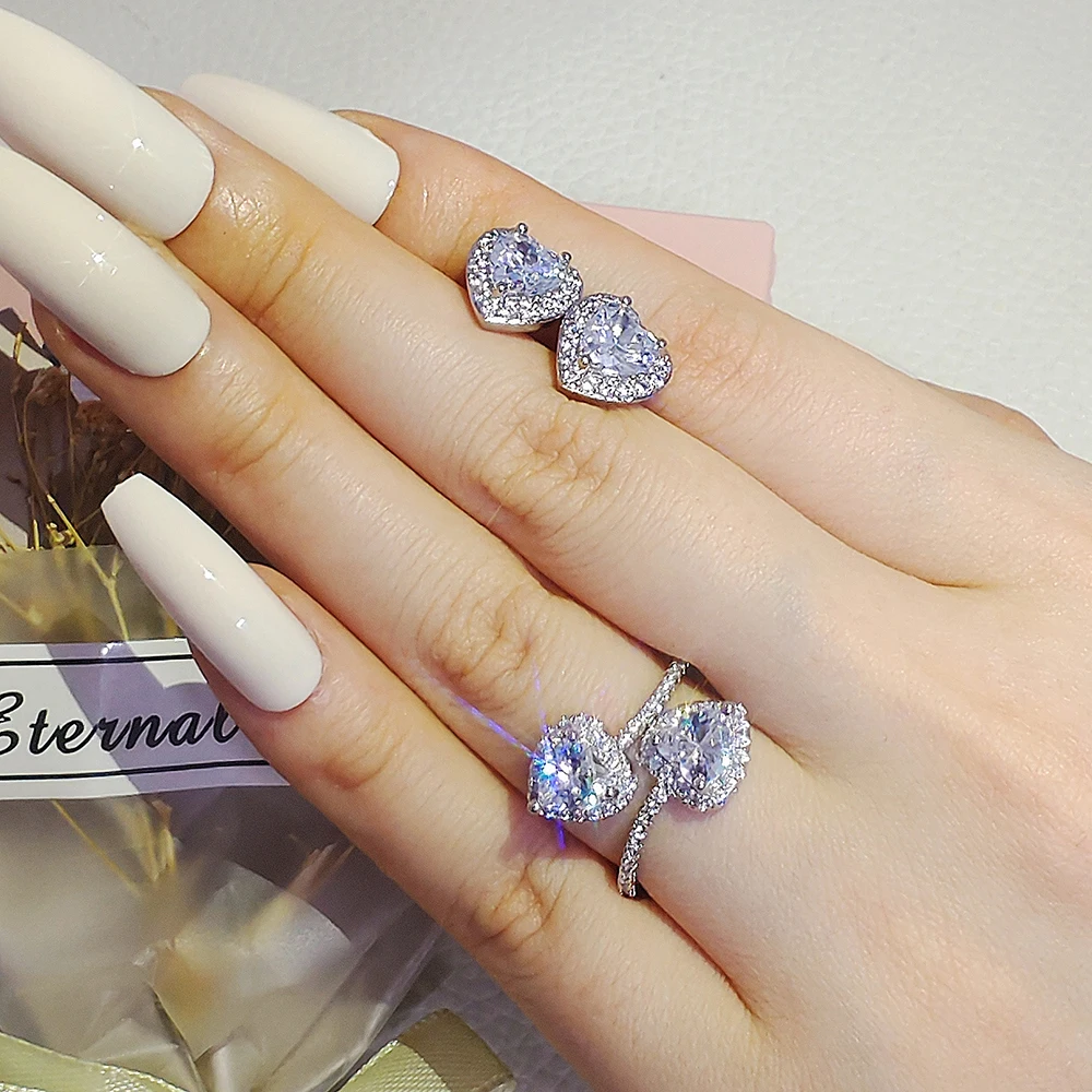 

2pcs Pack silver color bride Jewelry Set Halo Engagement Ring Round Stud Earring For Wedding Gift J7428
