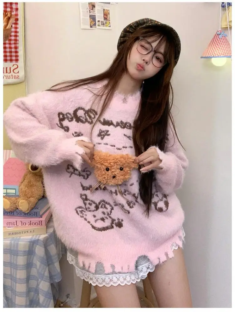 Розовые пуловеры с плюшевым мишкой жаккардовый вязаный свитер корейская зимняя