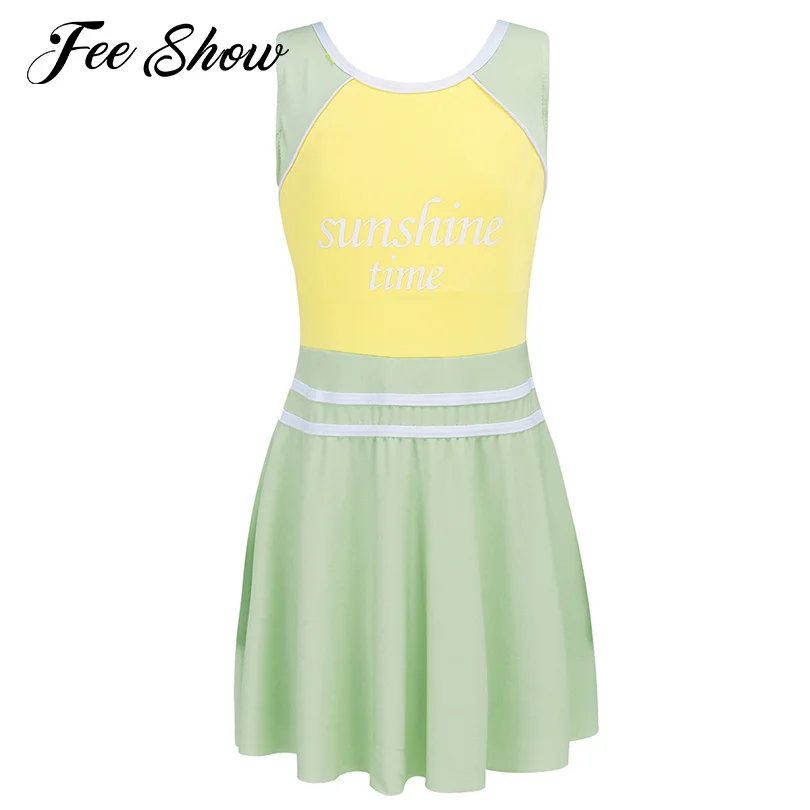 

Fashion Kids Girls One Piece Golf Tennis Skirt Dresses Color Block Sleeveless Sports Badminton Dress Breathable Sundress Outfit