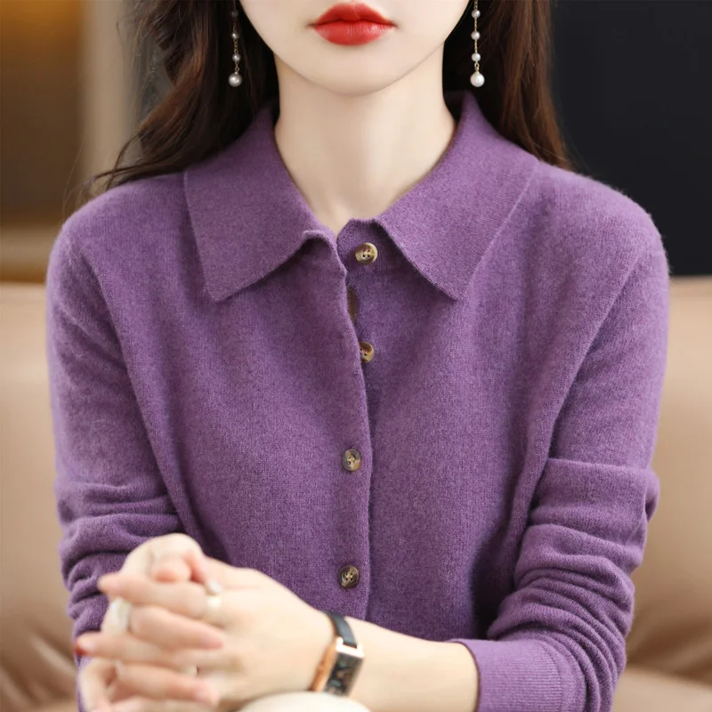 

Autumn And Winter New POLO Neck Cardigan With 100% Pure Wool Women's Solid Color Shirt Long Sleeve Warm Cashmere Sweater Top.