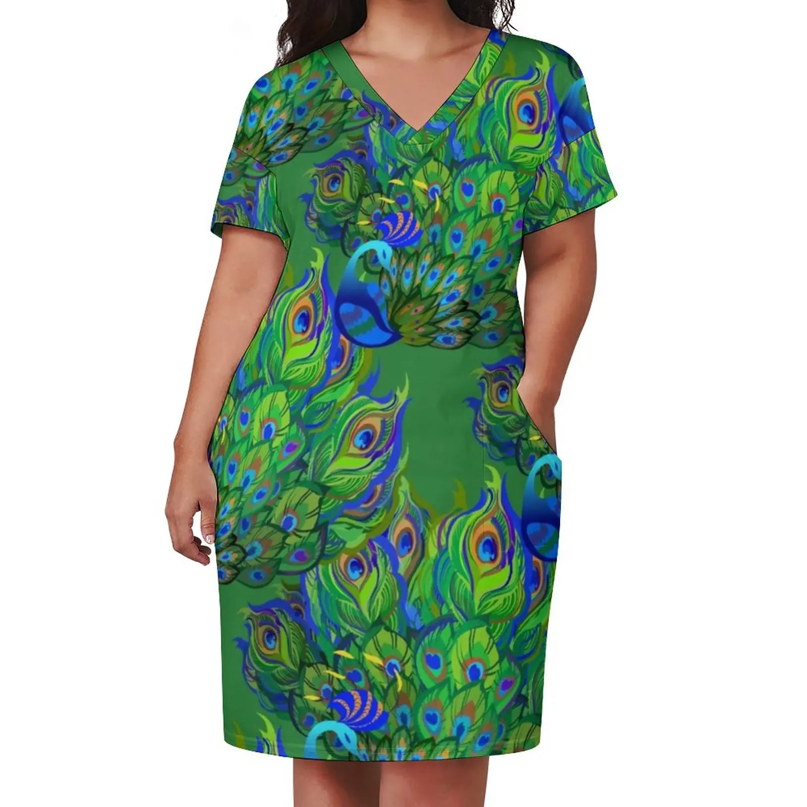 

Peacock Feathers Print Dress Plus Size Blue Green Animal Aesthetic Casual Dress Ladies Summer V Neck Sexy Dresses Gift Idea
