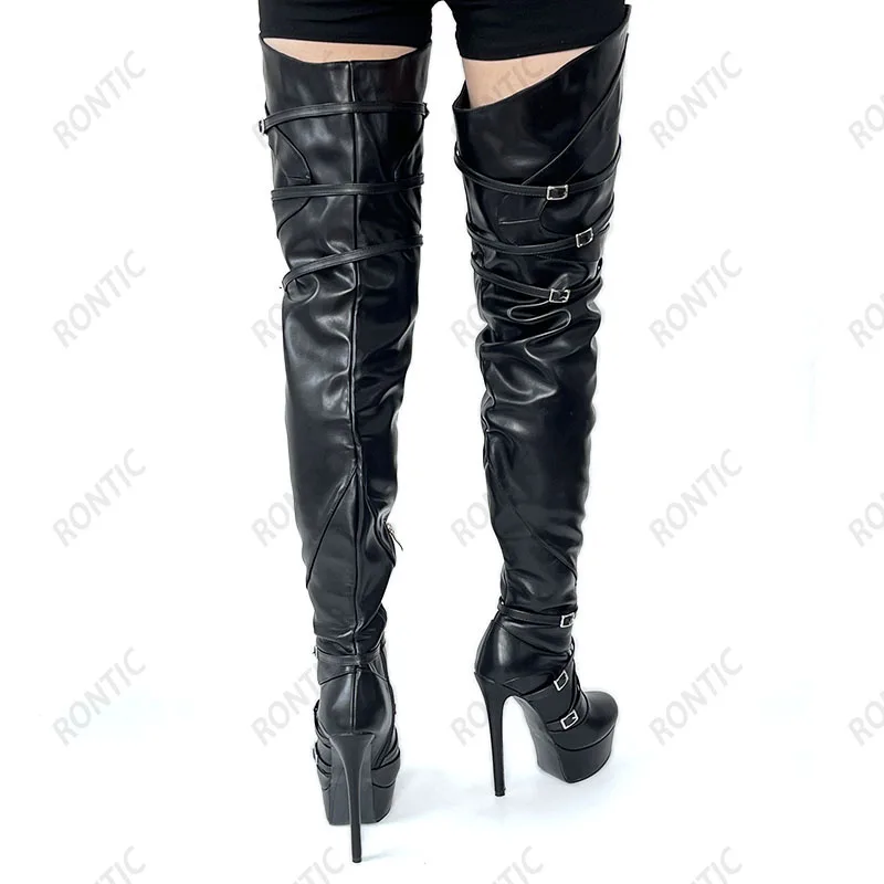 Женские длинные ботинки на платформе Rontic черные элегантные уличные из