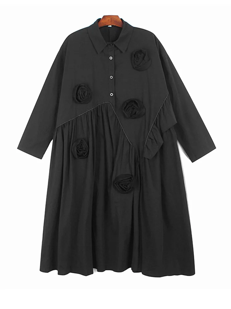 

Женское длинное платье-рубашка с отложным воротником, черное свободное платье большого размера с длинными рукавами и цветами, весна-осень 2022, C533