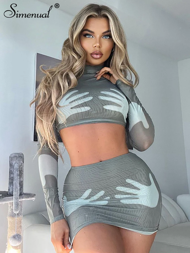 

Simenual комплект одежды из 2 предметов, трендовый топ с высоким воротником и длинными рукавами в форме ладони, прозрачная сетчатая юбка, повсед...