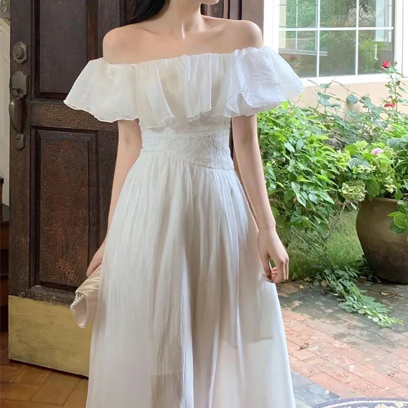 

Summer Korea Ruffled Slash Neck A Line Dress Fashion Off Shoulder Fairy White Dress Slim Waist Midi Holiday Party Dress