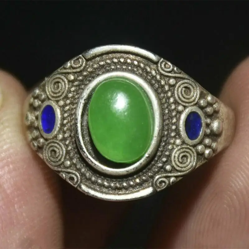 1&quot Old Chinese Silver Inlay Green Jade Dynasty Palace Jewelry Finger Ring | Statues &amp Sculptures