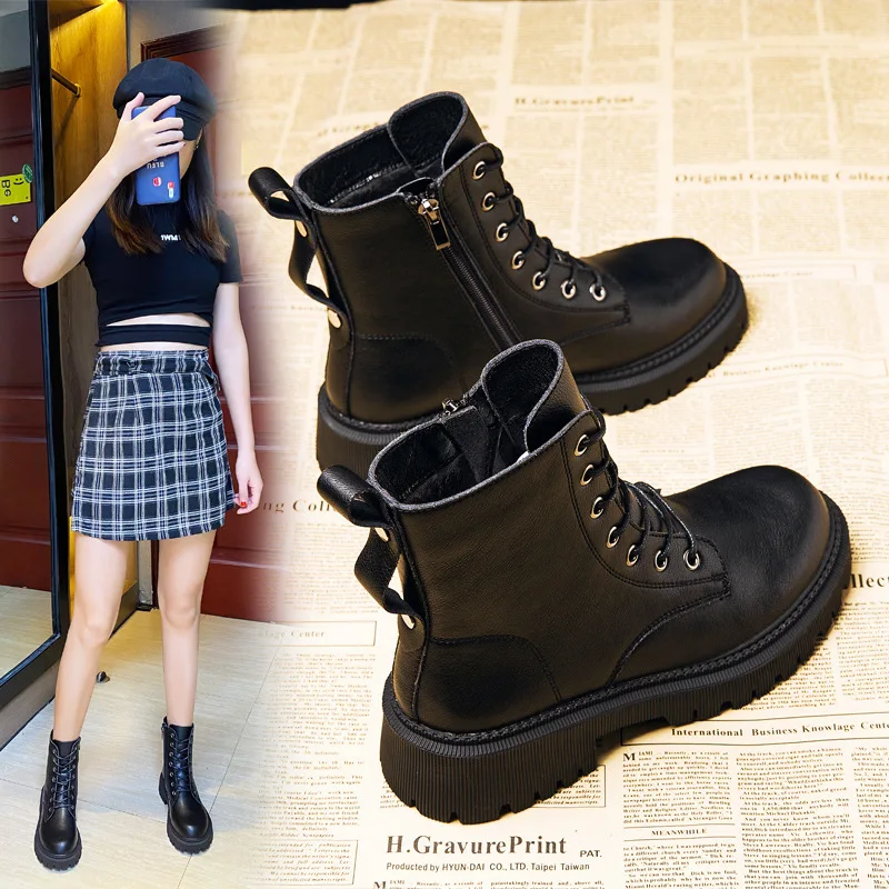 short Boots Female British Style 2021 New All-match Autumn and Winter Plus Velvet Thick-soled Inner Heightening Short Boots