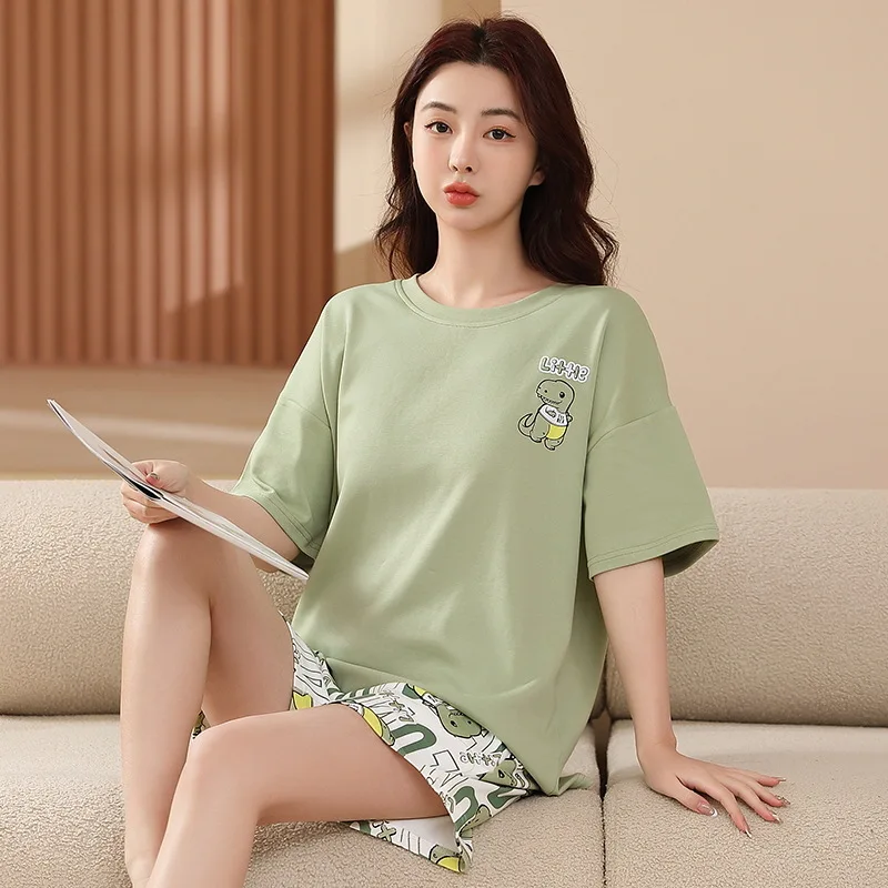 100% Cotton Women Pajamas Sets Cartoon Pyjamas Famale Loungewear Pijamas Short Sleeve T-Shirt Shorts Suit Sleepwear Nightwear