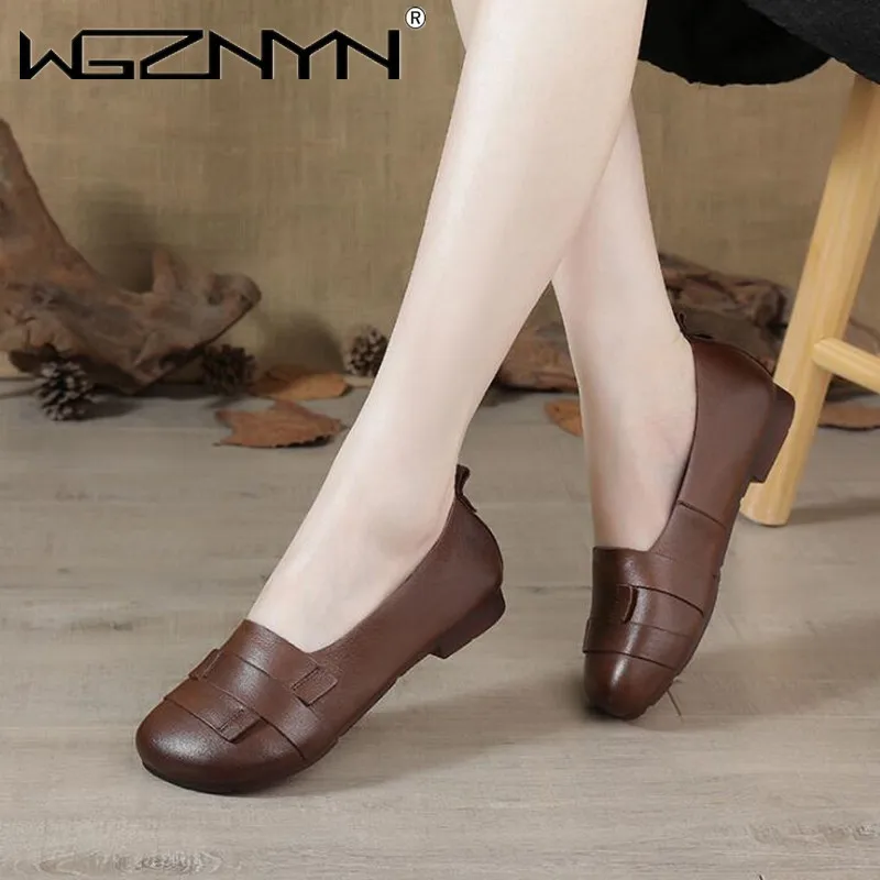 

2022 New Fashion Women Genuine PU Leather Flat Shoes Woman Casual Work Mother Women's Shoes Women Flats Retro Shoes Sneakers