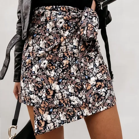 Cottagecore Dress High Waist Women Mini Wrap Skirt Autumn Casual Bandage Floral Faldas Elegant Irregular Bodycon Short Skirts