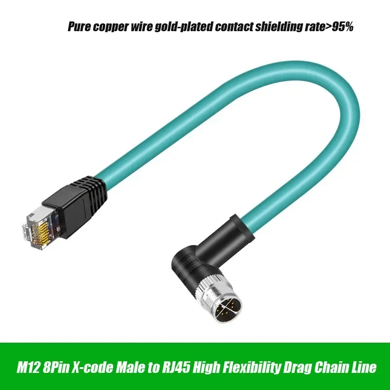 

M12 8-контактный X-тип к RJ45 Ethernet-шнур, колено под прямым углом, 4-контактный A-код, D-кодирование, штекер, гнездовая головка к разъему RJ45, перетащите цепной кабель