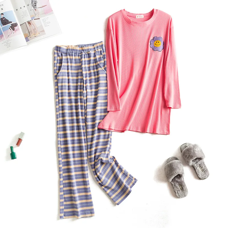 Candy Color Women Pajamas Cotton Long Sleeves Spring Autumn Sweet Housewear Loose Striped Trousers Suit Pyjamas Femme Sleepwear