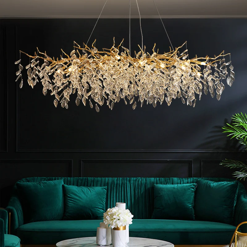 

Led G9 Post Modern Leaf Crystal Ceiling Chandelier For Dining Living Room Branch Model Luxury Hanging Lamp Golden Indoor Light