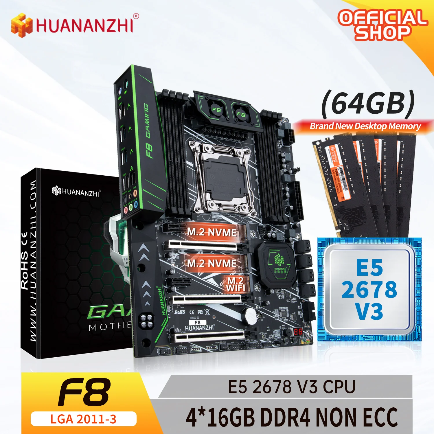 

HUANANZHI X99 F8 LGA 2011-3 XEON X99 Motherboard with Intel E5 2678 v3 with 4*16G DDR4 NON-ECC memory combo kit set NVME SATA