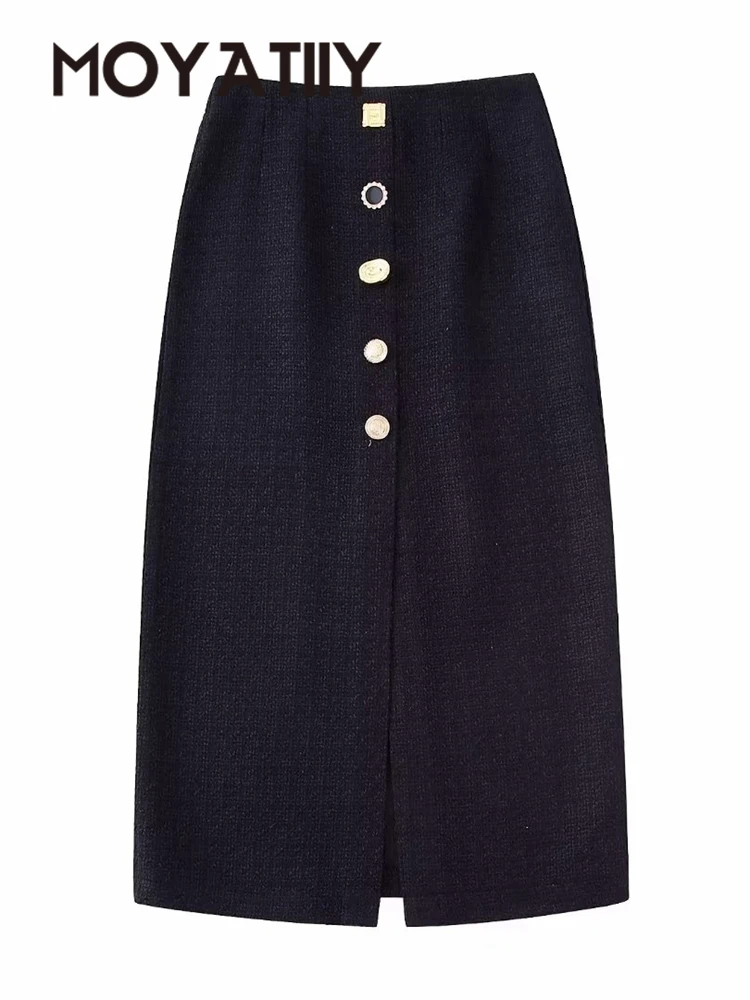 

MOYATIIY Women 2022 Fashion Skirts Metal Buttons Tweed Midi Pencil Skirts Vintage High Waist Back Zipper Female Bottoms