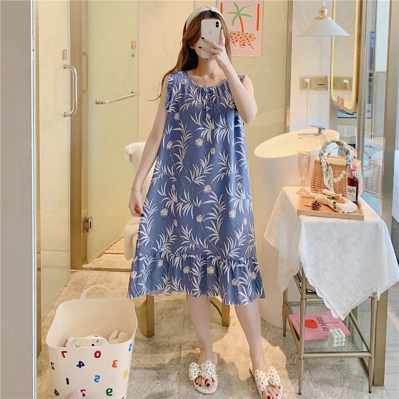 2023 Korean Princess Style Dress Cute Loose Artificial Cotton Homewear Cotton Silk Nightdress Women
