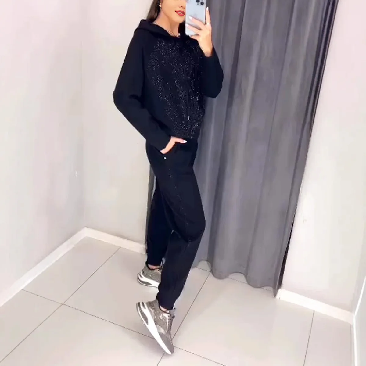 Спортивные штаны женский комплект модные лоскутные толстовки с бриллиантами