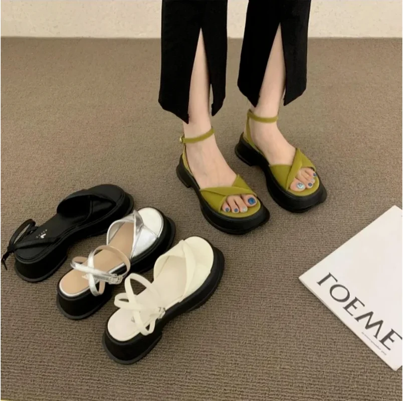 

French High-heeled Niche Fairy Shoes 2022 NEW Fashion New Summer Mid-heel Yellow Thick-heeled Korean Style Round Heel Sandals