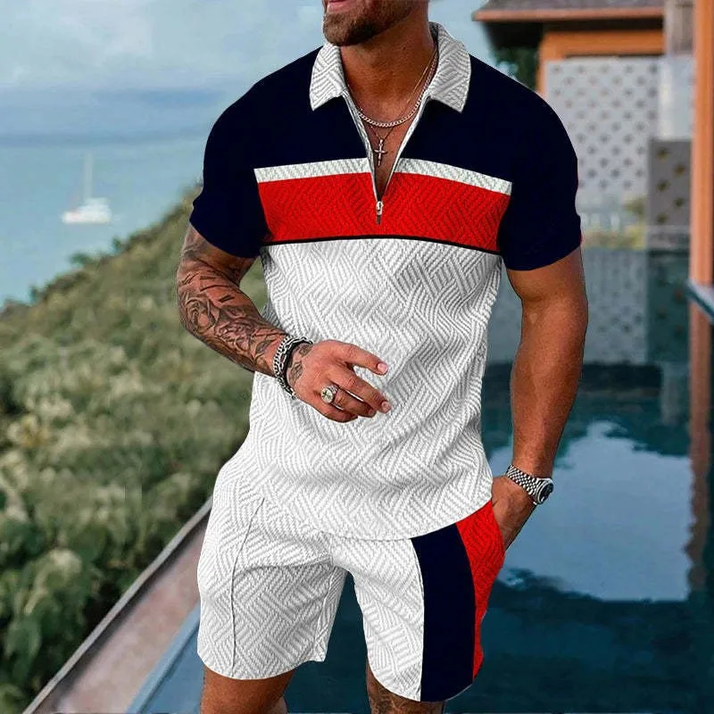Men'S V-Neck Linen T-Shirt New Men's 3DPOLO Shirt Mixed Color Zipper Cotton Man Set breathable Sets Fashion Casual Pullover Suit