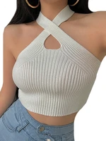 viianles halter tops 2022 summer women black female knitted tank solid sexy tops off shoulder white crop hollow camis drop ship