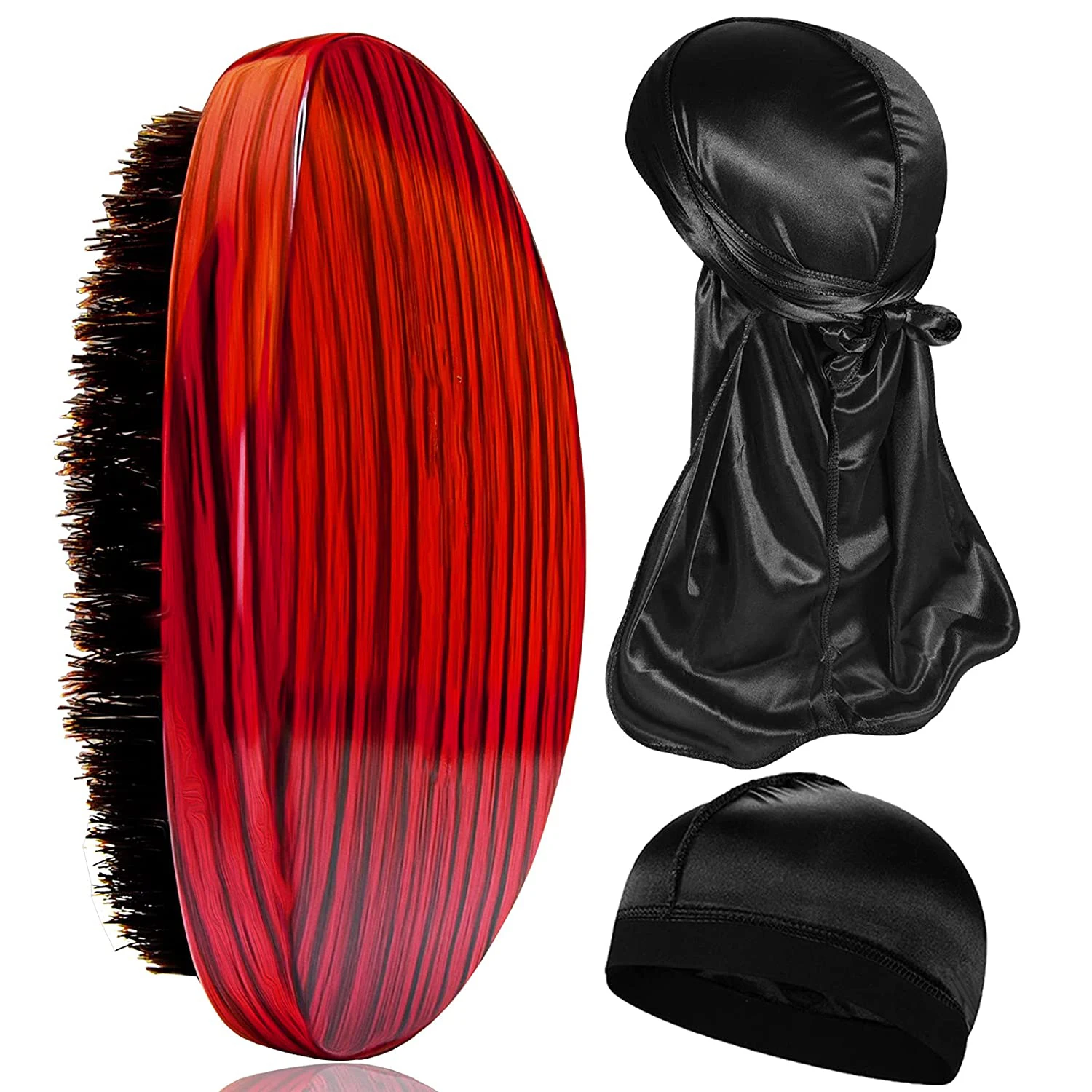 Red Wood Grain Short Handle Hair Brush African Men Waves Durag Comb Boar Bristles Afro Hairdressing 360 Wave Brush Hard Medium
