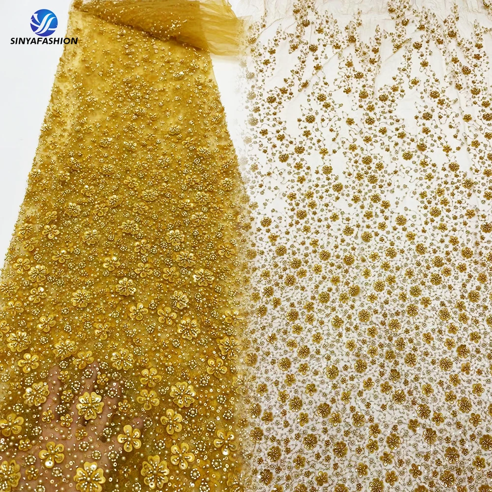 

Tim Beautiful African Nigerian French Tulle 3D Lace Fabric With Sequins Pearls High Quality Beaded Lace Fabric Luxury Embroidery