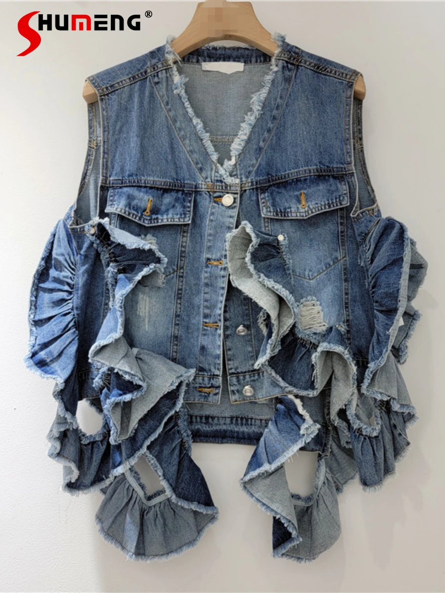 

All-Matching Woman V Neck Denim Vest Jacket Female Handsome Fashion Boutique Sleeveless Jean Jacket Women European Streetwear
