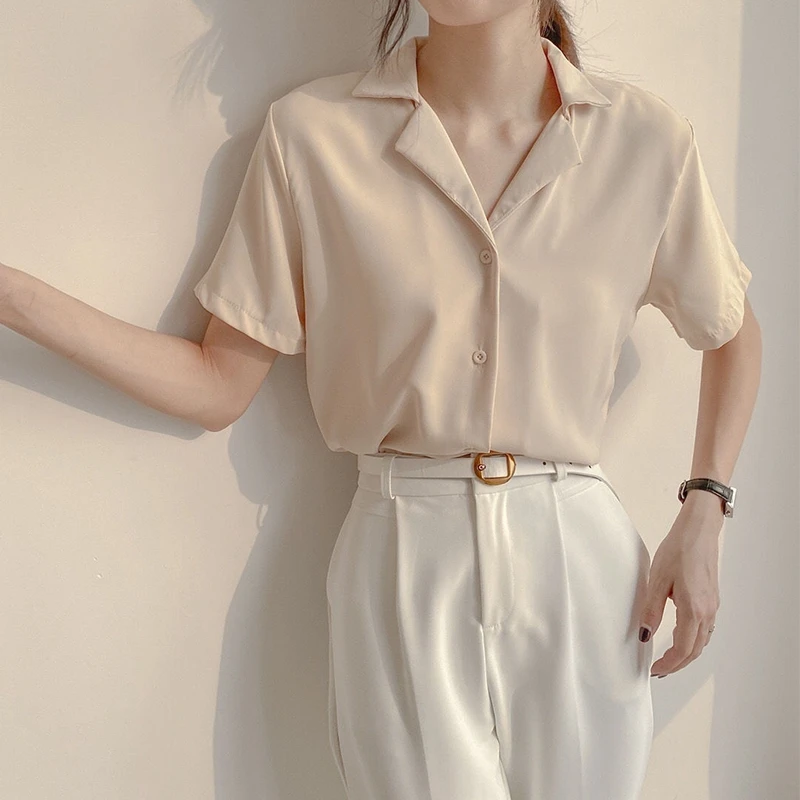 

Women Summer Short Sleeve Notched Lapel Collar Chiffon Blouse Sexy V-Neck Button Down Solid Color Casual Loose Shirt Top