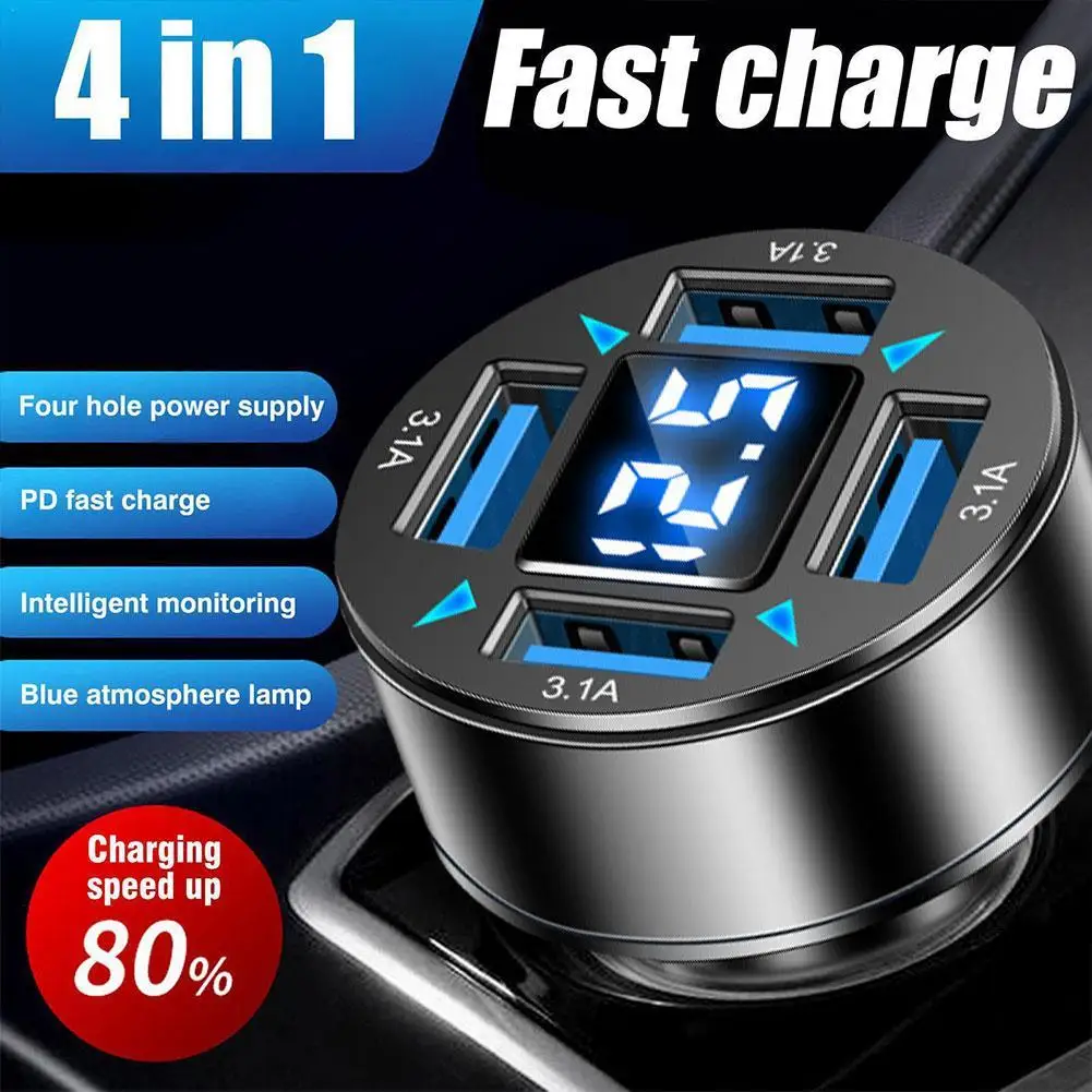 

4 in 1 Car Charger Fast Charging QC3.0 USB PD Phone Charger Adapter Mini Portable Durable Sturdy Automotive Interior Accessories