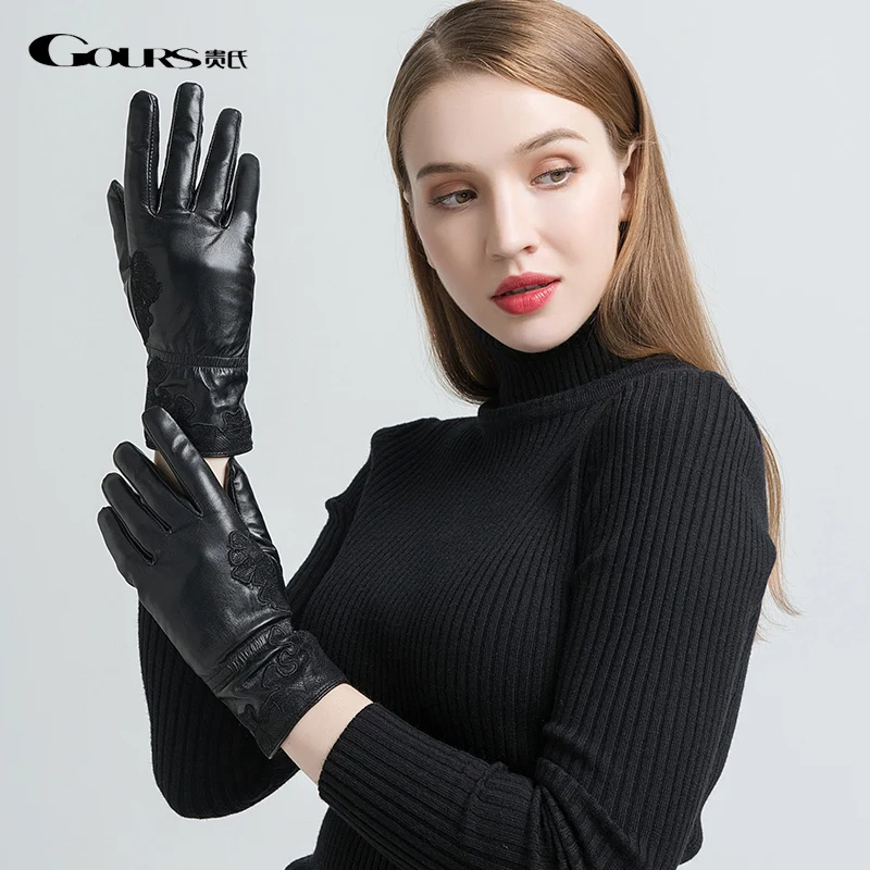 Gours Genuine Leather Gloves for Women Fashion Black Goatskin Gloves Wool Lining Warm In Winter Embroidery New Arrival GSL055