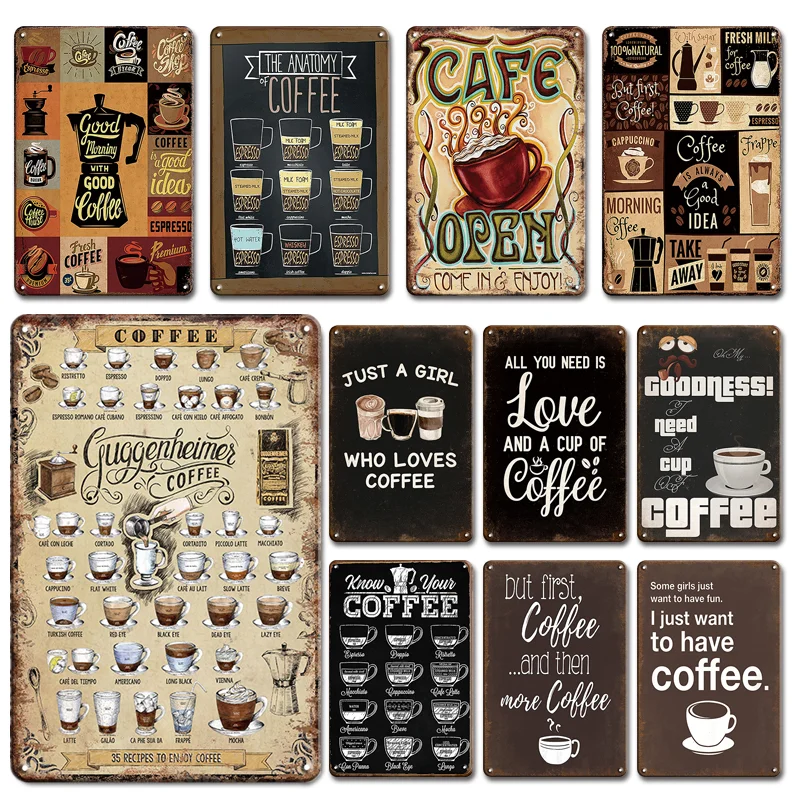 

Vintage Coffee House Art Decor Metal Plaque Tin Sign Retro Cafe Open Poster Wall Stickers Room Decorative Plaques painting A1