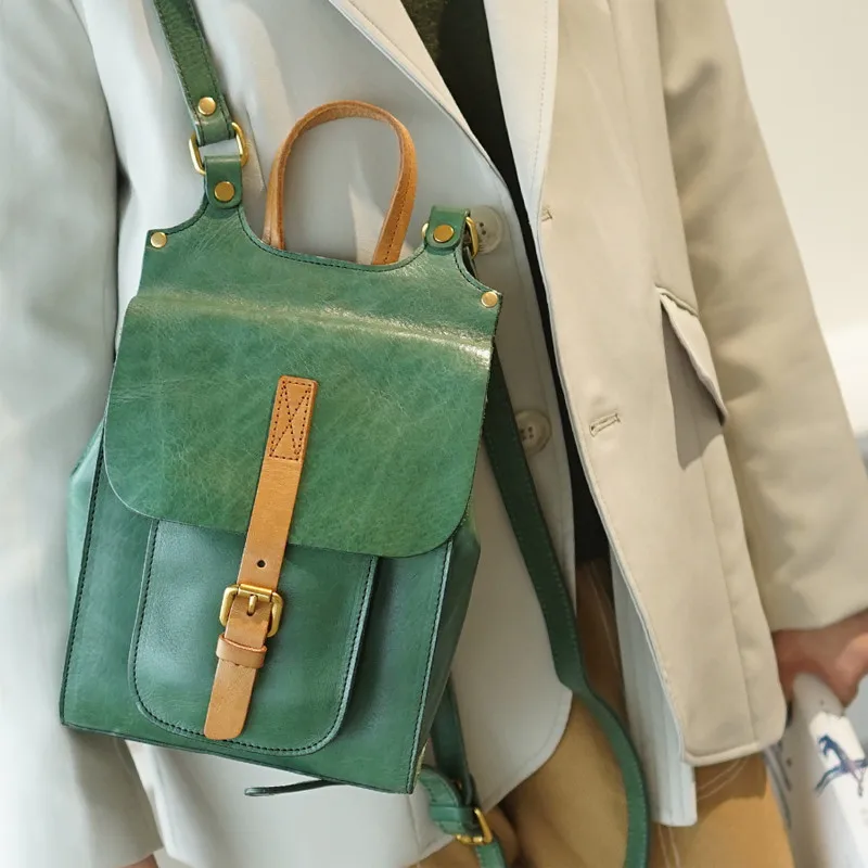 Vintage Fashion Luxury Natural genuine Leather Men's Ladies Green Backpack Designer Casual Outdoor Daily women small bookbag