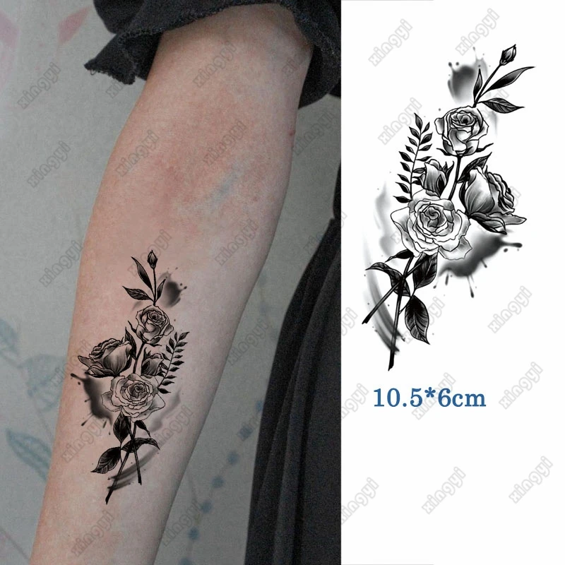 

Водостойкая Временная тату-наклейка, розы, цветы, фотоэскиз, лист, рука, запястье, палец, искусственная татуировка для боди-арта, для женщин и мужчин