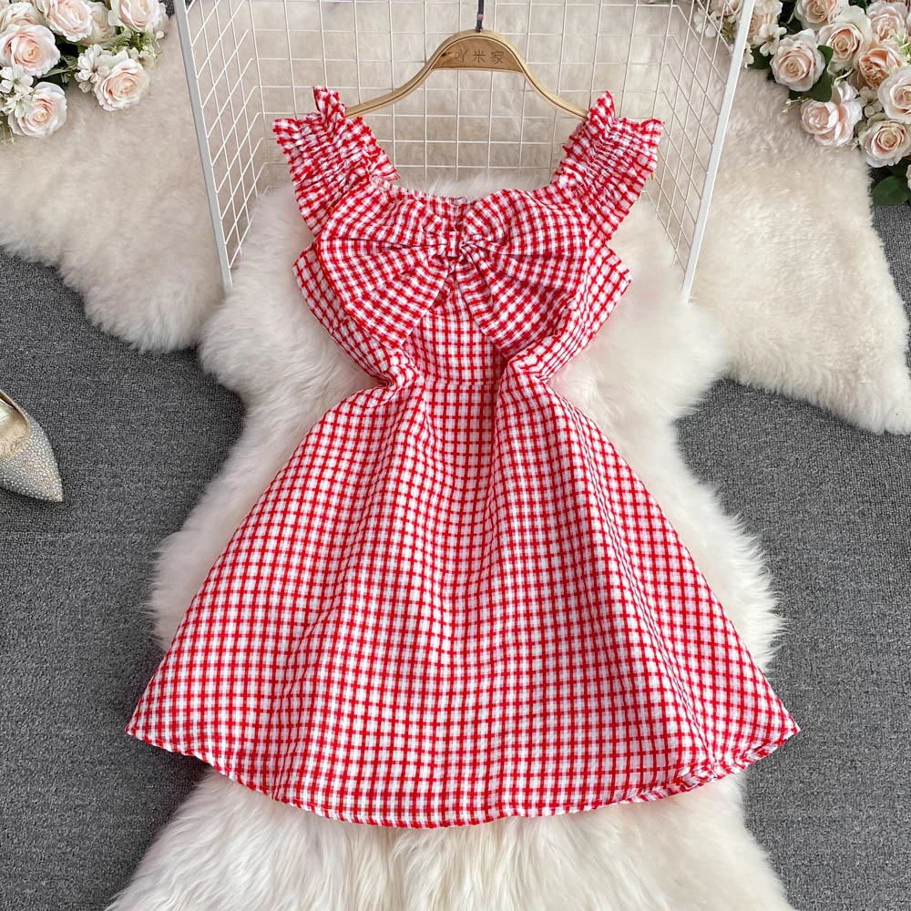 

2022 Summer New French Girls Sweet Cut Short Dress Vintage Bow Sleeveless Lattice Suspender A-line Dress Women Pink Plaid Dress