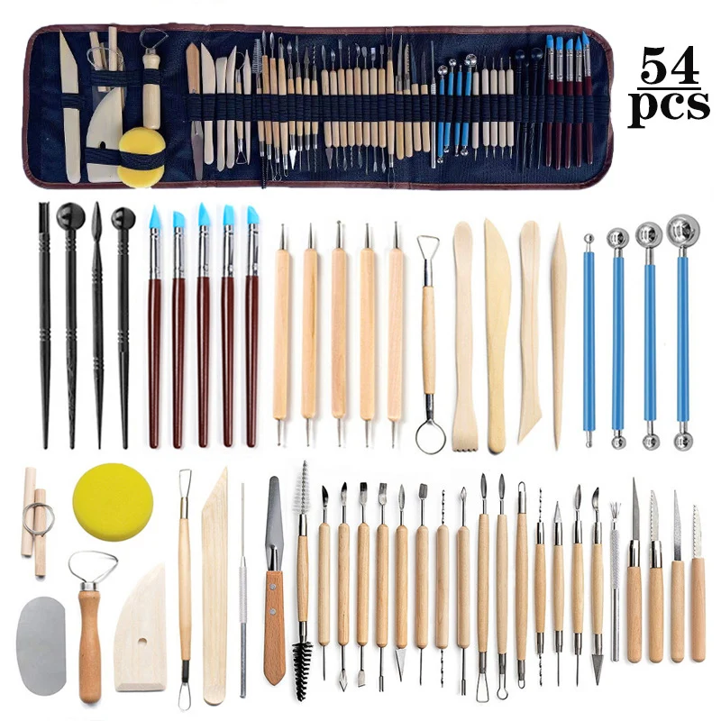 

54pcs Pottery Sculpting Tools Set Pottery Clay Sculpture Carving Modelling Ceramic DIY Craft Sculpture Tools Bag