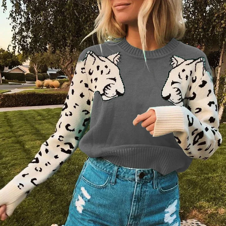 

Women Leopard Pattern Sweaters Knitted Pullovers Jumpers Lady Autumn Winter Sweater Long Sleeve Round Neck Tops New