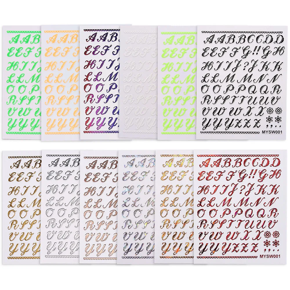 

13 Colors Gothic Letter Bronzing Laser Nail Sticker 3D English Old Font Black Number Alphabet Sliders DIY Manicure Decoration