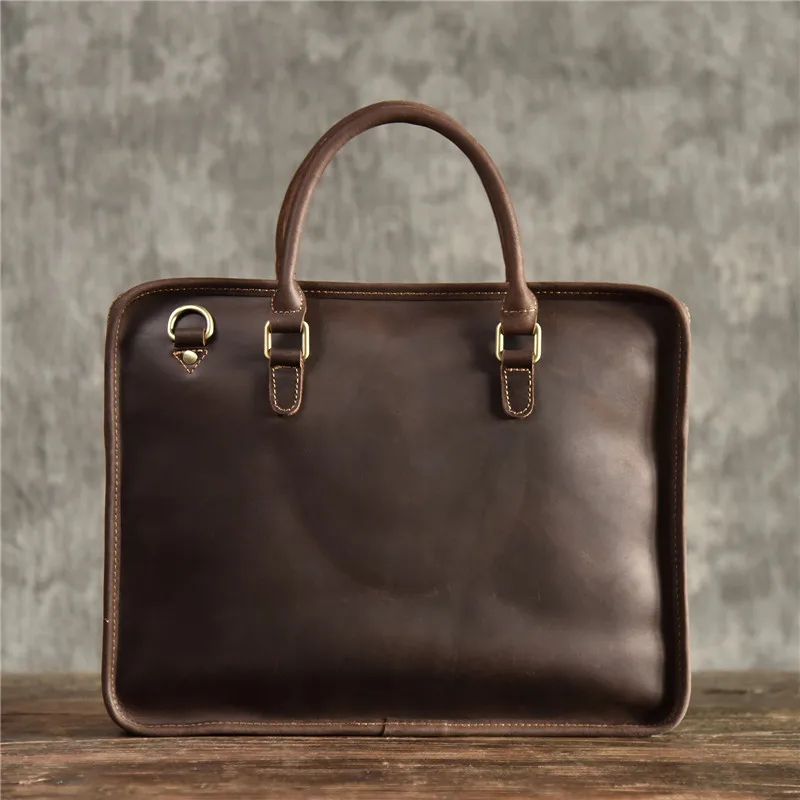 Simple vintage genuine leather men's women's briefcase crazy horse cowhide handbag business work laptop shoulder messenger bag