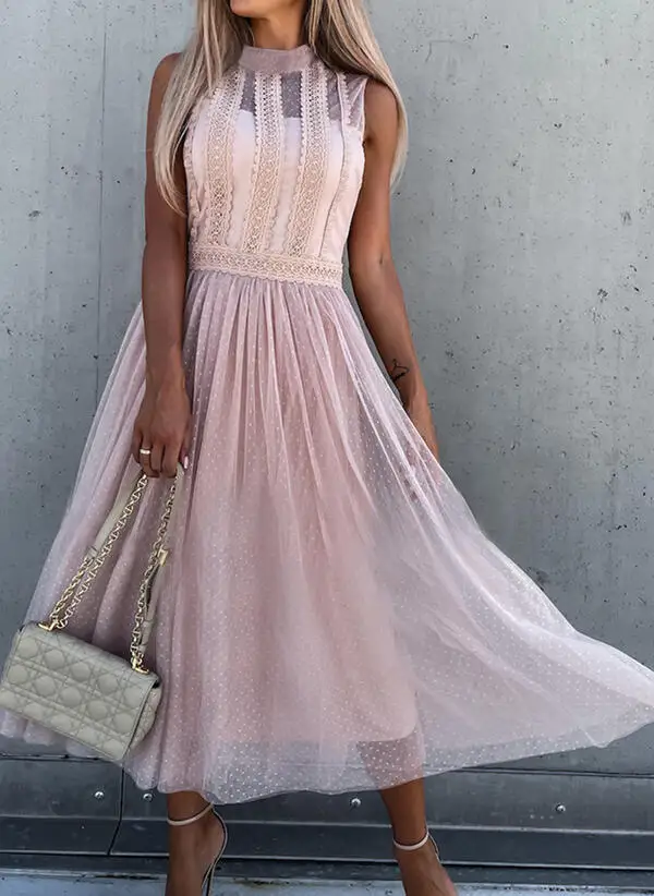 

Women's Lace Dot Mesh Patchwork Dress Slim Waist Sleeveless A-Line Dresses