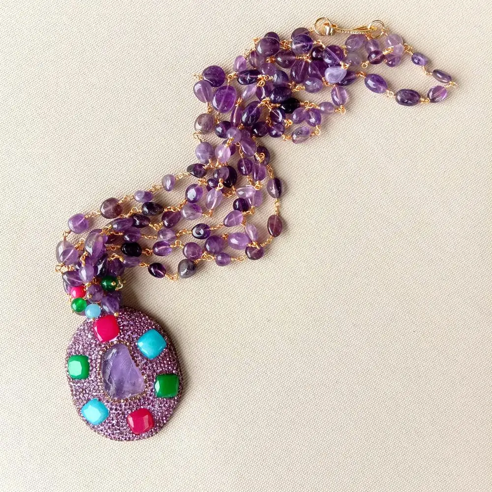 YYGEM 3 нити натуральный 8x10 мм фиолетовый аметист четки цепочка ожерелье 56x47 большой