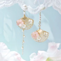 exquisite gold color asymmetry fan dangle drop earrings for women girls chinese style metal flower fanning earrings jewelry